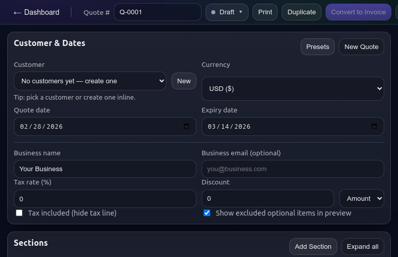 Quote/Estimate Builder preview
